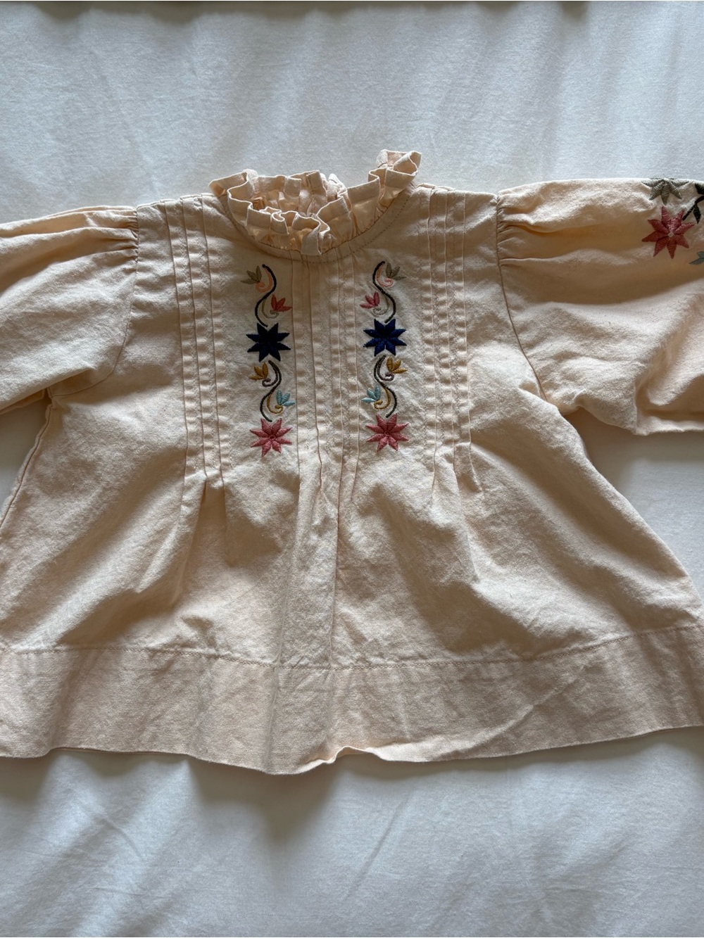 Girls' Embroidered Ruffle Neck Blouse - Cream